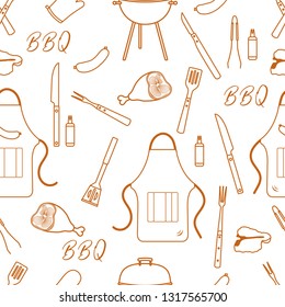 Seamless pattern with grill and barbecue tools. BBQ party background. Design for party card, banner, poster or print.