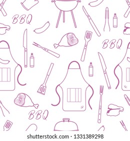 Seamless pattern with grill and barbecue tools. BBQ party background. Design for party card, banner, poster or print.