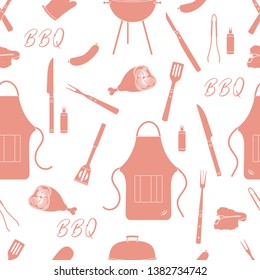 Seamless pattern with grill and barbecue tools. BBQ party background. Design for party card, banner, poster or print.