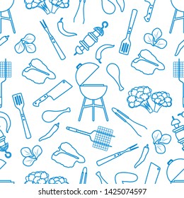 Seamless pattern with grill and barbecue tools, food. BBQ party background. Design for party card, banner, poster or print.