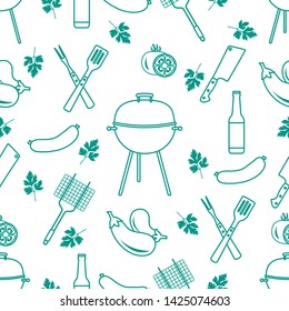Seamless pattern with grill and barbecue tools. BBQ party background. Design for party card, banner, poster or print.