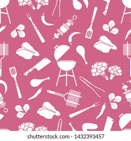 Seamless pattern with grill and barbecue tools, food. BBQ party background. Design for party card, banner, poster or print.