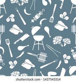Seamless pattern with grill and barbecue tools, food. BBQ party background. Design for party card, banner, poster or print.