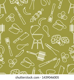 Seamless pattern with grill and barbecue tools, food. BBQ party background. Design for party card, banner, poster or print.