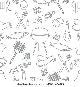 Seamless pattern with grill and barbecue tools. BBQ party background. Design for party card, banner, poster or print.