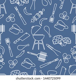 Seamless pattern with grill and barbecue tools, food. BBQ party background. Design for party card, banner, poster or print.