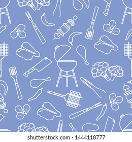 Seamless pattern with grill and barbecue tools, food. BBQ party background. Design for party card, banner, poster or print.