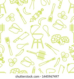Seamless pattern with grill and barbecue tools, food. BBQ party background. Design for party card, banner, poster or print.