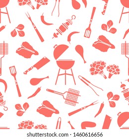 Seamless pattern with grill and barbecue tools, food. BBQ party background. Design for party card, banner, poster or print.