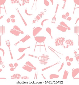 Seamless pattern with grill and barbecue tools, food. BBQ party background. Design for party card, banner, poster or print.