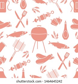 Seamless pattern with grill and barbecue tools. BBQ party background. Design for party card, banner, poster or print.