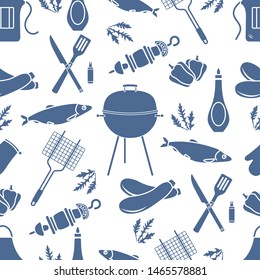 Seamless pattern with grill and barbecue tools. BBQ party background. Design for party card, banner, poster or print.