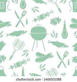 Seamless pattern with grill and barbecue tools. BBQ party background. Design for party card, banner, poster or print.