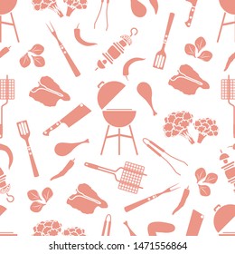 Seamless pattern with grill and barbecue tools, food. BBQ party background. Design for party card, banner, poster or print.