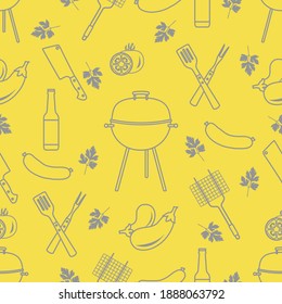 Seamless pattern with grill and barbecue tools. BBQ party background. Design for party card, banner, poster or print. Illuminating and Ultimate Gray.