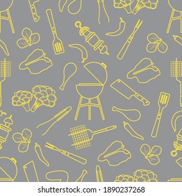 Seamless pattern with grill and barbecue tools, food. BBQ party background. Design for party card, banner, poster or print. Illuminating and Ultimate Gray.