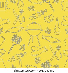 Seamless pattern with grill and barbecue tools. BBQ party background. Design for party card, banner, poster or print. Illuminating and Ultimate Gray.