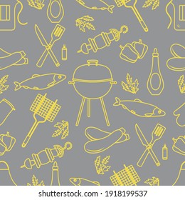 Seamless pattern with grill and barbecue tools. BBQ party background. Design for party card, banner, poster or print. Illuminating and Ultimate Gray.