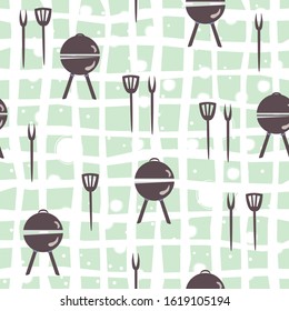 Seamless pattern with grill and kitchen utensils. Vector Illustration