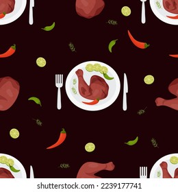 Seamless pattern with grilled chicken leg. Mexican food barbecue Achiote Chicken on black background with chili. Vector repeating background with latin american meat for design of culinary themes