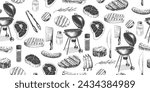 Seamless pattern with grilled meat and bbq equipment. Background with bbq food and tool. Hand drawn grilled steak, sausage, fish, ribs, bacon. Bone in ribeye steak. Kitchen utensils. Kitchenware