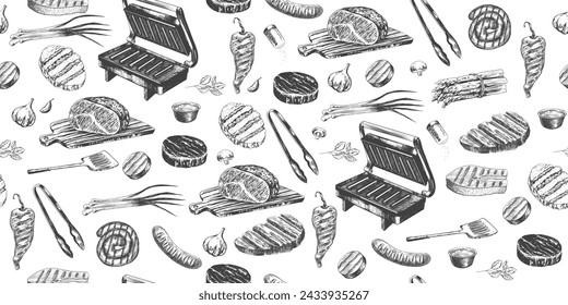 Seamless pattern with grilled meat and bbq equipment. Background with bbq food and tool. Electric barbecue press grill. Hand drawn grilled steak, sausage, roast beef, vegetables. Kitchen utensils