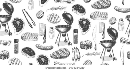 Seamless pattern with grilled meat and bbq equipment. Background with bbq food and tool. Hand drawn grilled steak, sausage, fish, ribs, bacon. Bone in ribeye steak. Kitchen utensils. Kitchenware