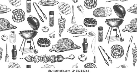 Seamless pattern with grilled meat and bbq equipment. Background with bbq food and tool. Hand drawn grilled steak, sausage, shish kebab. Roast beef on cutting board. Kitchen utensils. Kitchenware