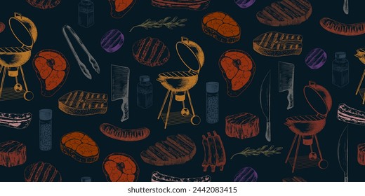 Seamless pattern with grilled meat and bbq equipment. Background with bbq food and tool. Hand drawn grilled steak, sausage, fish, ribs, bacon. Bone in ribeye steak. Kitchen utensils. Kitchenware