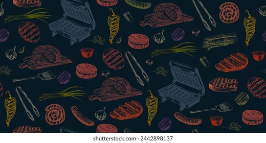 Seamless pattern with grilled meat and bbq equipment. Background with bbq food and tool. Electric barbecue press grill. Hand drawn grilled steak, sausage, roast beef, vegetables. Kitchen utensils