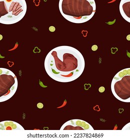 Seamless pattern with grilled meat. Mexican food barbecue piece beef, fried pork leg and Grilled Achiote Chicken on dark brown background with chili and lime. Vector illustration latin american meat.