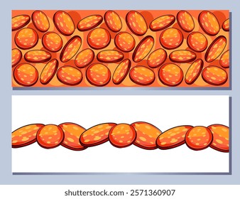 Seamless pattern of grilled sausages forming an oval frame, with additional horizontal sausage rows. Perfect for food packaging, BBQ themes, or promotional designs. Vector illustration.