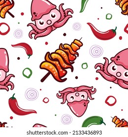 Seamless pattern Grilled Squid and spicy sauce isolated on white background. Vector illustration.