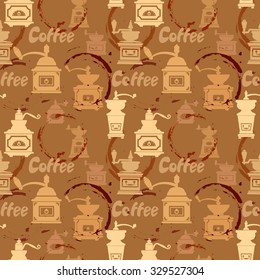 Seamless pattern with grinder, coffee stain, calligraphic text COFFEE. Background design for cafe or restaurant menu.