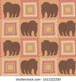 Seamless pattern of grizzly bear with ethnic ornament elements. Repeatable textile vector print, wallpaper design.