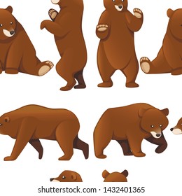 Seamless pattern of grizzly bears. North America animal, brown bear. Cartoon animal design. Flat vector illustration on white background
