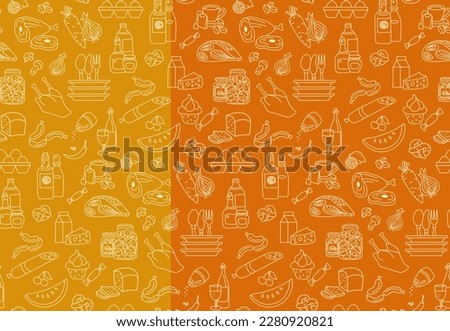 Seamless pattern with groceries, vegetables and fruits on vibrant orange and yellow background. Hand drawn vector illustration.