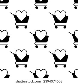 Patrón sin foco de un carrito de comestibles con el corazón dentro. Ilustración del vector