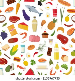 Seamless pattern with grocery food on on white background - fruits, vegetables, milk or dairy products, fish, meat. Colorful vector illustration in flat style for wrapping paper, fabric print