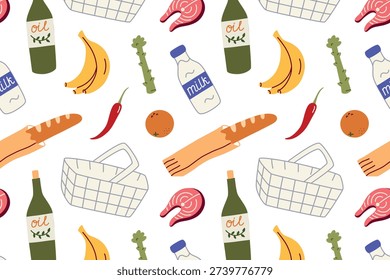 Seamless pattern with grocery items. Shopping basket, fresh food, bananas, bread, milk, salmon, vegetables. Flat vector illustration in cartoon style for retail, supermarket design, culinary themes