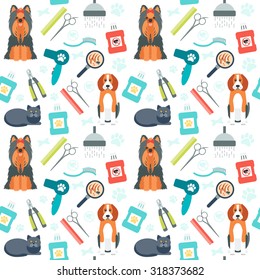 Seamless pattern. Grooming for animals. Pet care. Flat design. Vector illustration