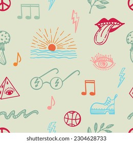 Seamless pattern with groove psychedelic elements. Retro design of hipster icons. Doodle style graphic. Vintage trippy cartoon. Color symbols of 60s 70s 80s 90s trendy vector illustration.