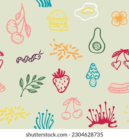 Seamless pattern with groove psychedelic food elements. Retro design of hipster icons. Doodle style graphic. Vintage trippy cartoon. Color symbols 60 70 80 90 trend vector illustration.