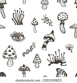 Patrón sin foco con elementos psicodélicos de alimentos groove. Diseño retro de iconos hipster. Gráfico de estilo Doodle. Caricatura trippy vintage. Símbolos blancos negros 60 70 80 90 tendencia de ilustración vectorial.
