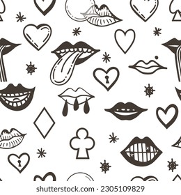 Seamless pattern with groove psychedelic hole elements. Retro design of hipster icons. Doodle style graphic. Vintage trippy cartoon. Black white symbols 60 70 80 90 trend vector illustration.