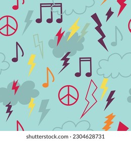 Seamless pattern with groove psychedelic music elements. Retro design of hipster icons. Doodle style graphic. Vintage trippy cartoon. Color symbols of 60 70 80 90 trend vector illustration.