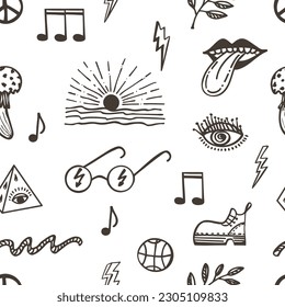 Seamless pattern with groove psychedelic music elements. Retro design of hipster icons. Doodle style graphic. Vintage trippy cartoon. Black white symbols of 60 70 80 90 trend vector illustration.