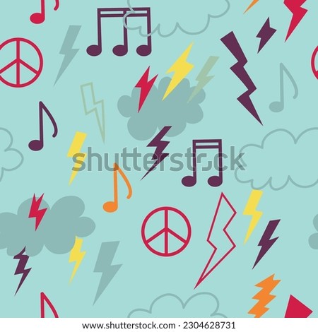 Seamless pattern with groove psychedelic music elements. Retro design of hipster icons. Doodle style graphic. Vintage trippy cartoon. Color symbols of 60 70 80 90 trend vector illustration.