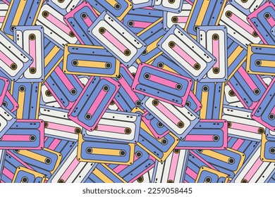 Seamless pattern in Groove style, retro 70s, 80s from audio cassettes. Many audio cassettes lie on top of each other. Vector illustration