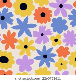Seamless pattern groovy aesthetic. Spring mood. Cute flowers. Retro background for design and card, covers, package, wrapping paper.